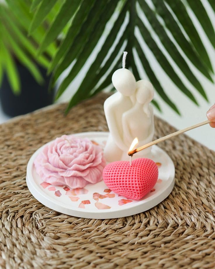 🌹💖🕯️ decorative candle set with rose design, white figure & pink heart shaped candles | elegant home décor & gifting ✨ 🌹💖🕯️ decorative candle set with rose design, white figure & pink heart shaped candles | elegant home décor & gifting ✨