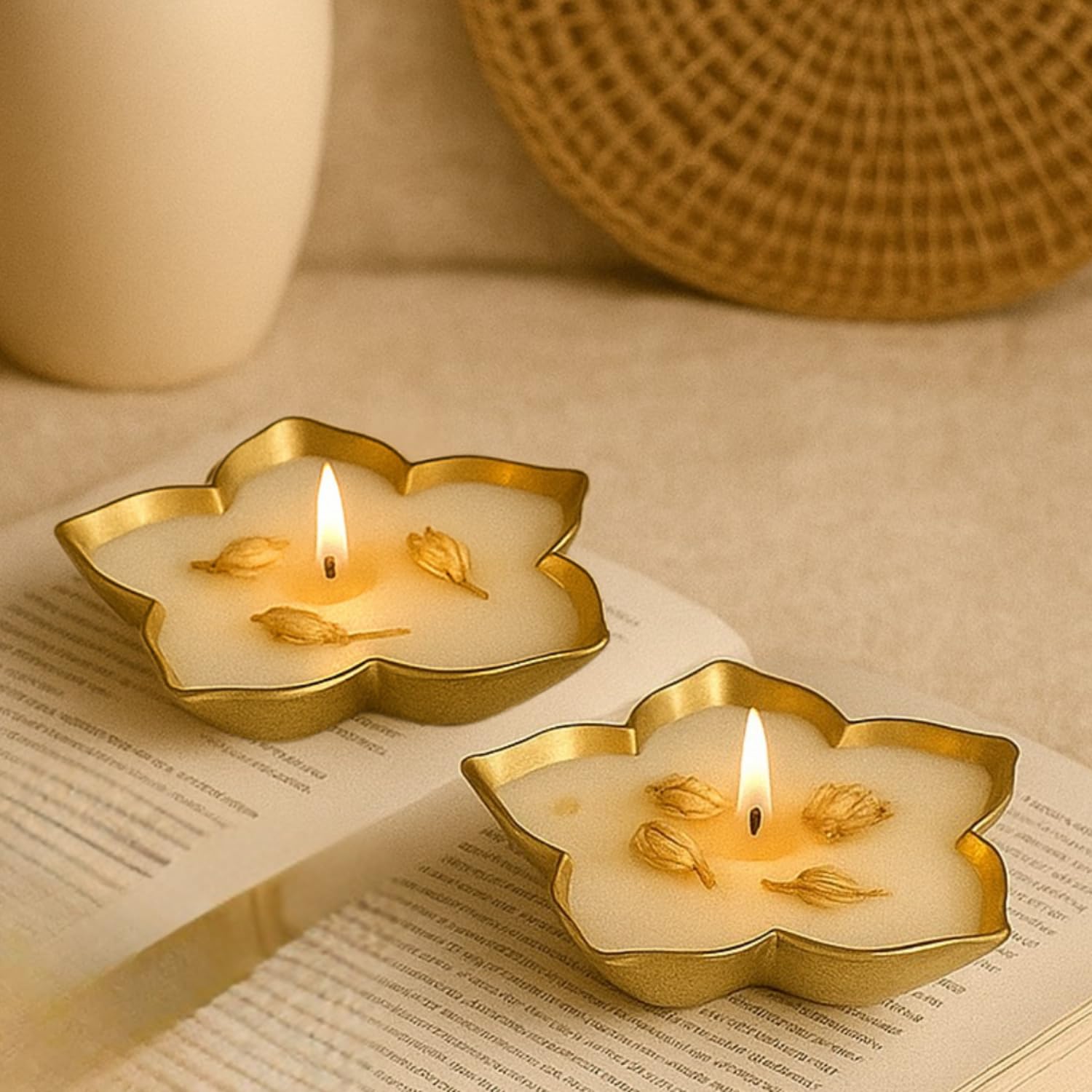 🪷🕯️ lotus urli candle set of 4 (amber wood scented) | flower shaped tealight candles with golden edge for home décor & diwali ✨ 🪷🕯️ lotus urli candle set of 4 (amber wood scented) | flower shaped tealight candles with golden edge for home décor & diwali ✨