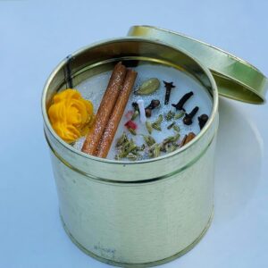 🌿✨🕯️ scented spiced herb soy wax candle in golden tin | natural herbal aroma candle for home décor & gifting