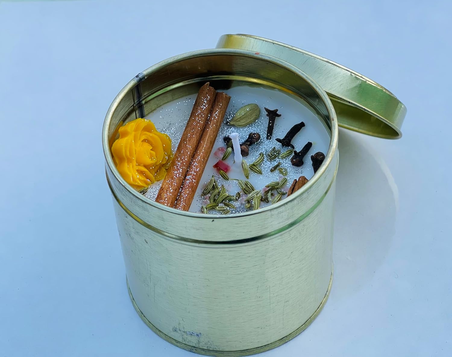 🌿✨🕯️ scented spiced herb soy wax candle in golden tin | natural herbal aroma candle for home décor & gifting 🌿✨🕯️ scented spiced herb soy wax candle in golden tin | natural herbal aroma candle for home décor & gifting